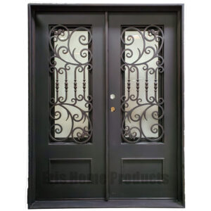 Black iron double entry doors with matching glass side lights